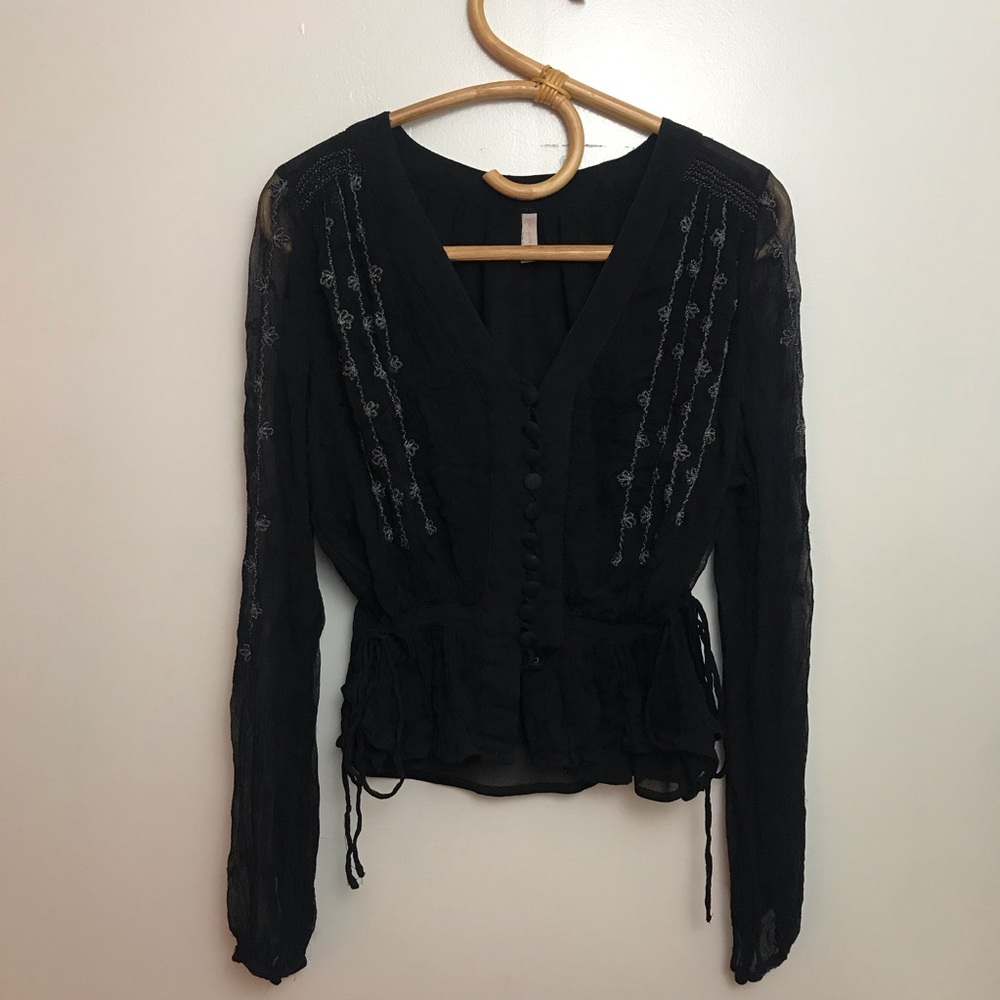 Free People Black Metallic Thread Sheer Button Down Blouse Shirt